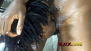 Hot ebony stepmom's narrow ass gets steamy shower action in bedroom fun