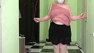 mature milf in stockings jumps rope, shaking her big boobs and fat booty