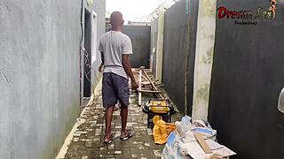 Rough doggystyle fucking with ebony neighbor leads to intense creampie.