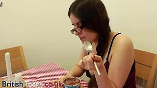 She says, This British teen eats ice cream topped with cum.