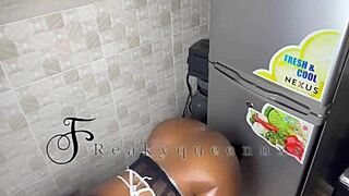 Hot milf fucks 14 inches dildo on fridge 😍