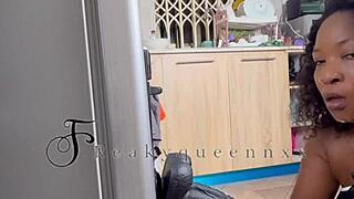 Hot milf fucks 14 inches dildo on fridge 😍