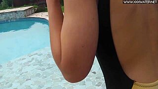 teen european amateur gives hot blowjob by the pool, wet and hairless