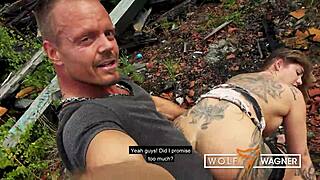 Imagine Mia blowing a big cock outdoors with deepthroat and cum in mouth, it's a full scene from wolfwagner com