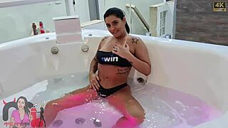 Tanned woman fucked in bathtub by big cock while cuckold watches