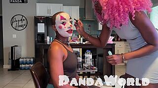 Cleo Panda rides big black cock in clown costume with bj