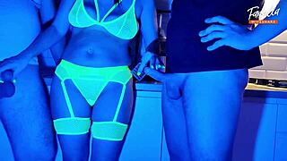 wife sucks two cocks in neon-lit mmf threesome full scene