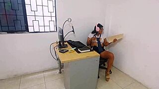 Horny secretary tempts janitor in dripping doggystyle