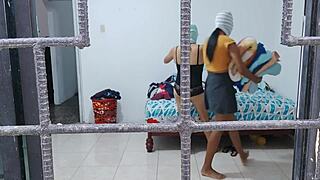 Horny housewives touch each other's buttocks and tits while doing housework