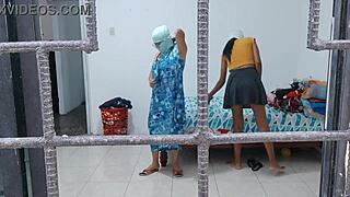 Horny housewives touch each other's buttocks and tits while doing housework