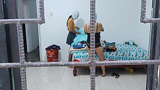 Horny housewives touch each other's buttocks and tits while doing housework