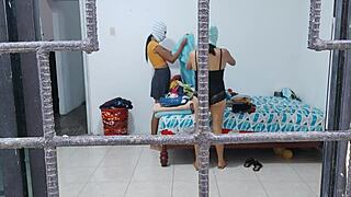 Horny housewives touch each other's buttocks and tits while doing housework