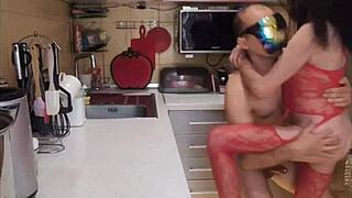 Amateur model in lingerie and stockings poses for the camera.