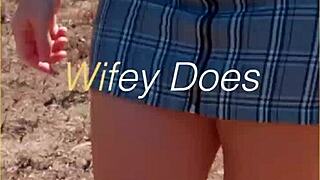 Look at this milf flashing her shaved pussy outdoors