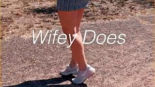 Look at this milf flashing her shaved pussy outdoors