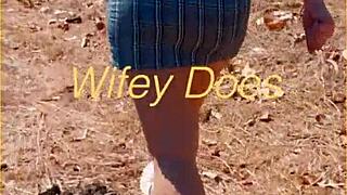 Look at this milf flashing her shaved pussy outdoors