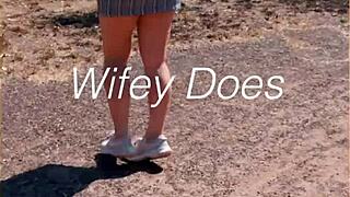 Look at this milf flashing her shaved pussy outdoors