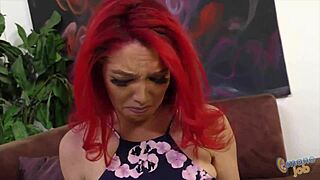 redhead kiki daire strokes big cock and slurps cum eagerly