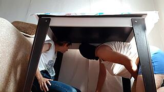 We Sneak Under Table to Masturbate in Miniskirts