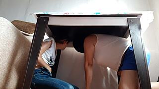 We Sneak Under Table to Masturbate in Miniskirts