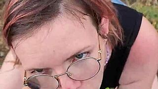 Petite milf gives blowjob outdoors in Cyprus nature.