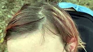 Petite milf gives blowjob outdoors in Cyprus nature.