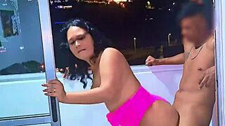 latina slut fucking and sucking cock on a balcony in medellin, wet blowjob and frenetic fuck while cars pass by on the public street