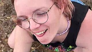 Petite milf gives blowjob outdoors in Cyprus nature.