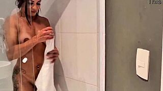 Latina girl flashes big clit to neighbor during bath visit with monster cock