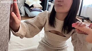 Emu Yumi, the pale Japanese amateur, eagerly sucks and jerks two monster cocks in a threesome for massive cumshots.