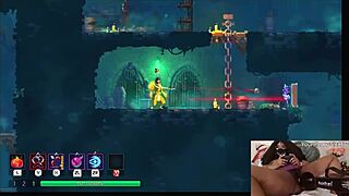 Chubby ebony gamer girl gets fucked with dildo while playing Dead Cells