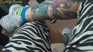 Latina amateur with small tits blows big cocks