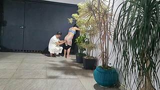 risky sex with my latina neighbor in the garage while cuckold showers