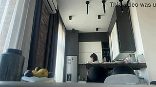 Sexy brunette boldly exposes her shaved pussy while doing housework naked.