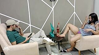 My horny stepsister seduces me to show off my big cock, sucks it eagerly, and I end up licking her juicy shaved pussy