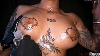 Tattooed brunette hottie gets oiled up for a sensual massage, then bends over in doggystyle anal with big tits bouncing