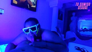 young hijastra gives deepthroat blowjob with choking and spitting in neon room