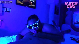 young hijastra gives deepthroat blowjob with choking and spitting in neon room