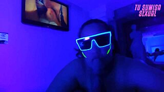 young hijastra gives deepthroat blowjob with choking and spitting in neon room