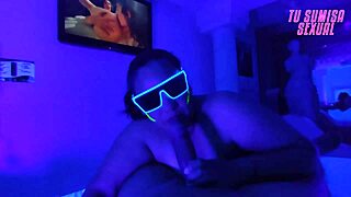 young hijastra gives deepthroat blowjob with choking and spitting in neon room