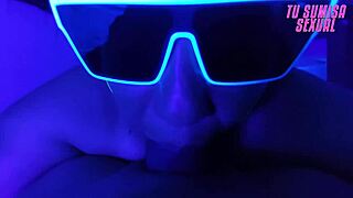 young hijastra gives deepthroat blowjob with choking and spitting in neon room