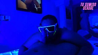 young hijastra gives deepthroat blowjob with choking and spitting in neon room