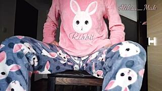 horny teen 18+ stepdaughter in pajama teases small boobs while masturbating pussy