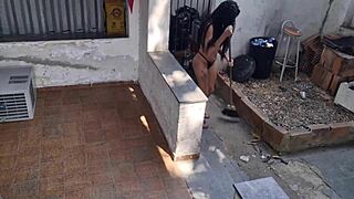 latina teen bends over for deep doggystyle anal with bikini tan lines.