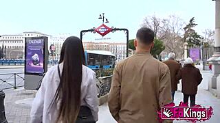 Nuria Millan, a brunette Latina, gets roughly fucked outdoors from Valencia to Madrid, deepthroating and flashing