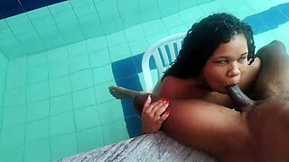 Sexy BBW sucks monster cock sitting on chair until cum fills her mouth.