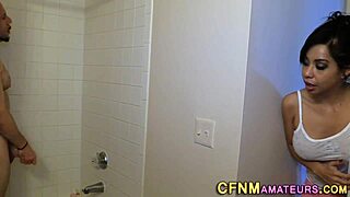 Hey check this busty babe tugging that big cock hard