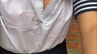 my beautiful neighbor loses a bet and wears a japanese school uniform. we fuck her in this homemade video while her boyfriend works