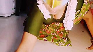 In the bedroom, the Indian maid with big boobs in saree gets dirty talking while fucking the house owner.