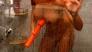 Hot milf achieves multiple magic wand orgasms in the shower.